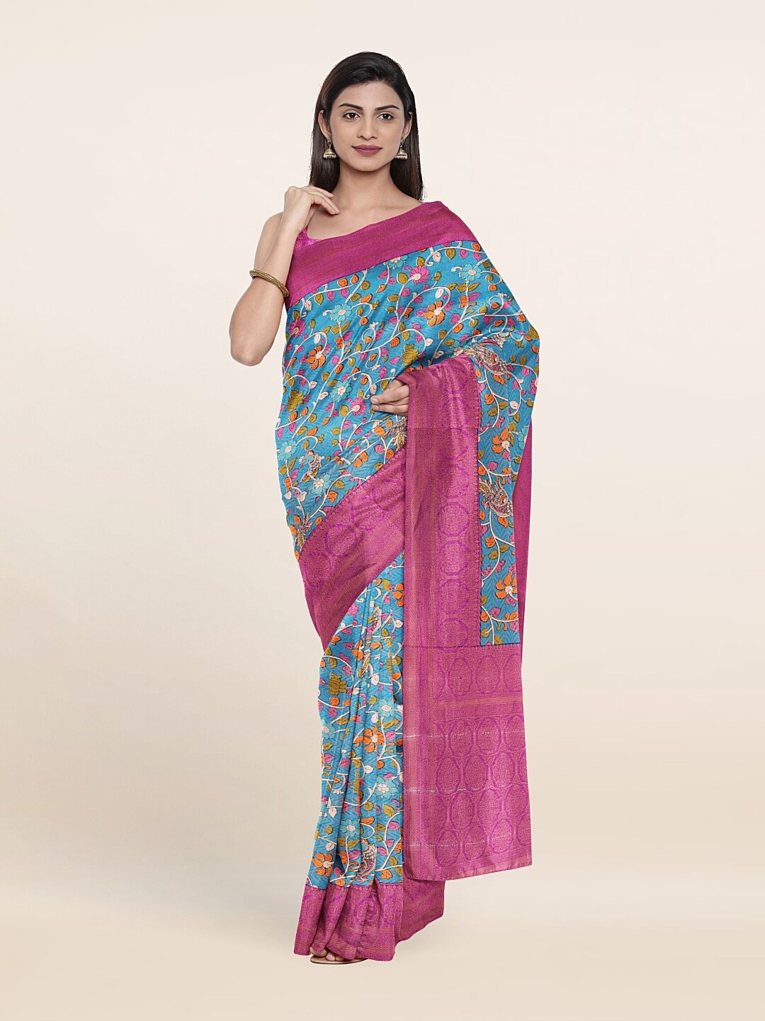 

Pothys Blue & Pink Kalamkari Art Silk Saree