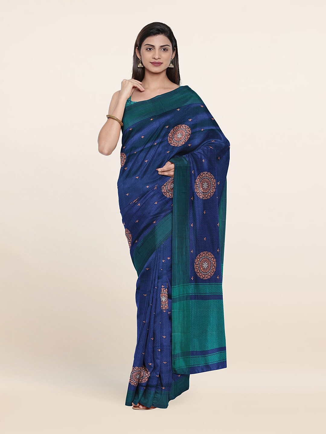 

Pothys Blue & Copper-Toned Ethnic Motifs Art Silk Saree