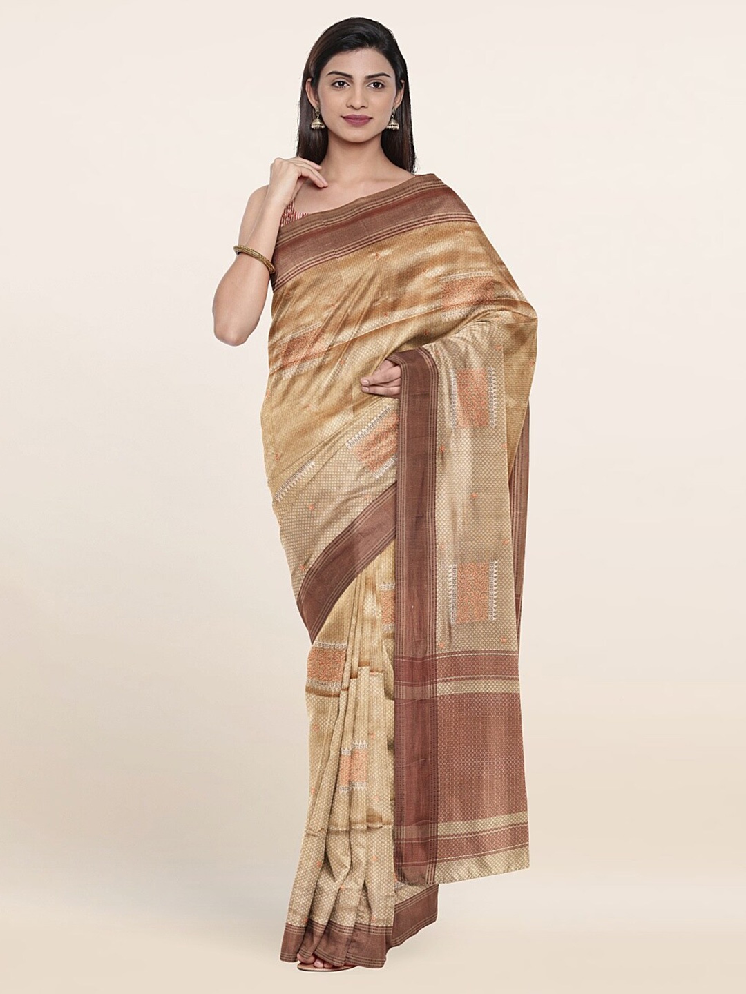 

Pothys Cream-Coloured & Copper-Toned Ethnic Motifs Art Silk Saree