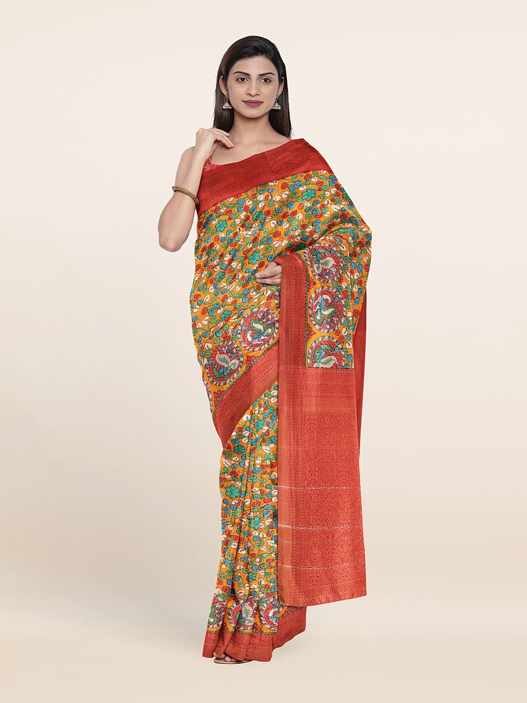 

Pothys Women Mustard & Blue Floral Zari Art Silk Saree