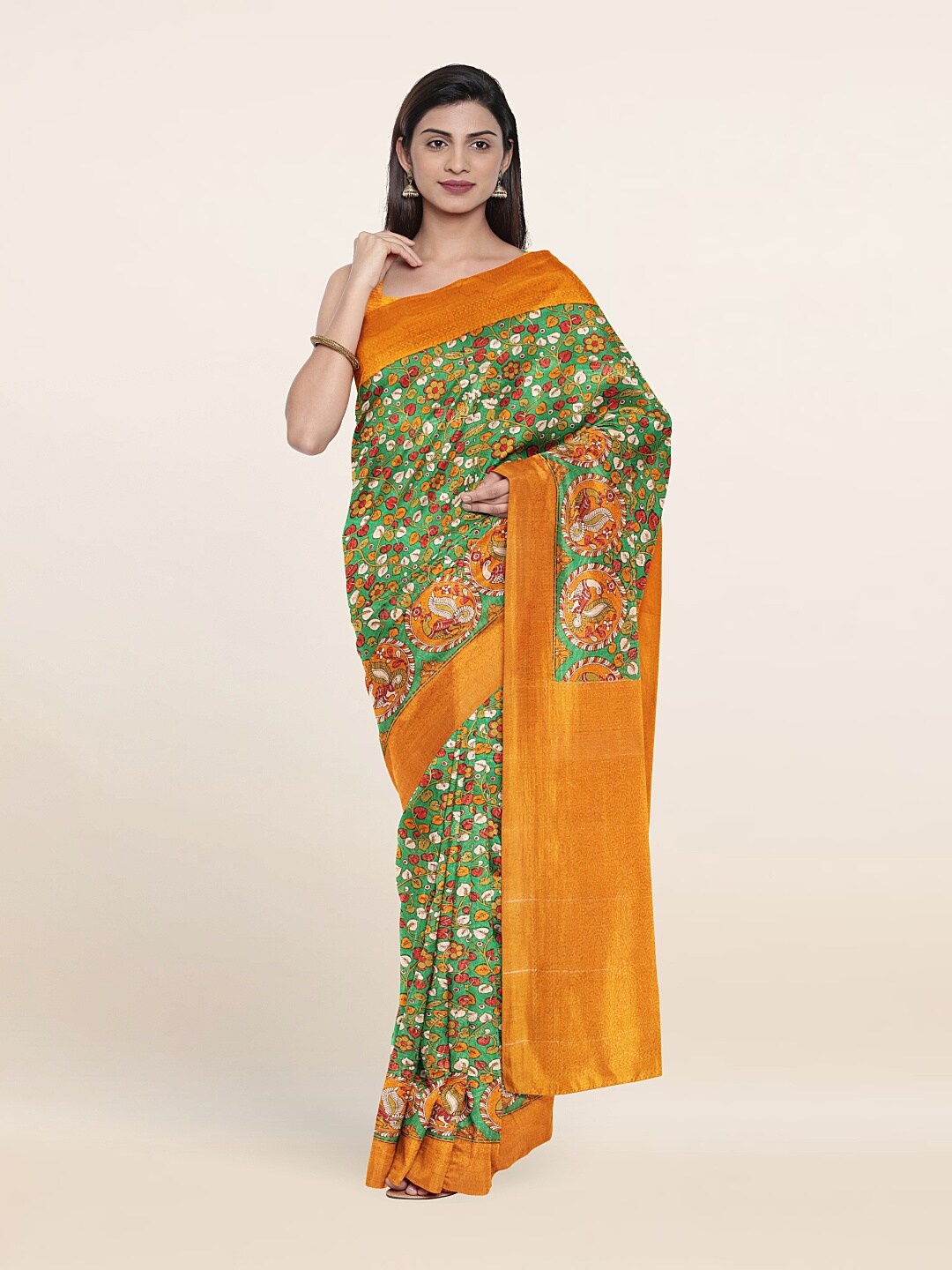 

Pothys Green & Yellow Kalamkari Zari Art Silk Saree