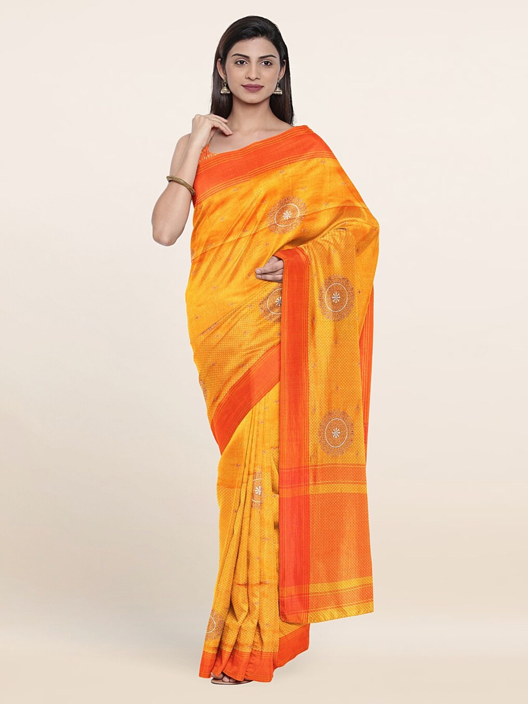 

Pothys Yellow & Orange Ethnic Motifs Zari Art Silk Saree