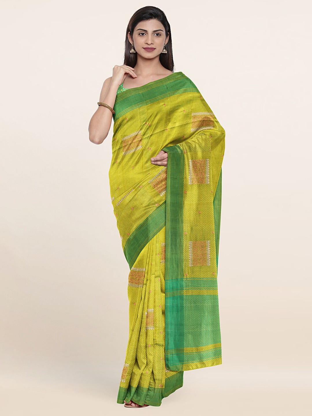 

Pothys Green & Silver-Toned Woven Design Art Silk Saree