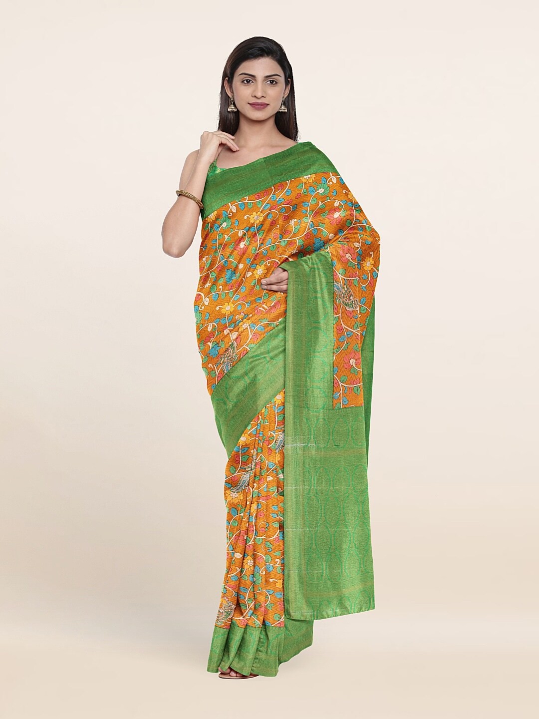 

Pothys Mustard & Green Kalamkari Art Silk Saree