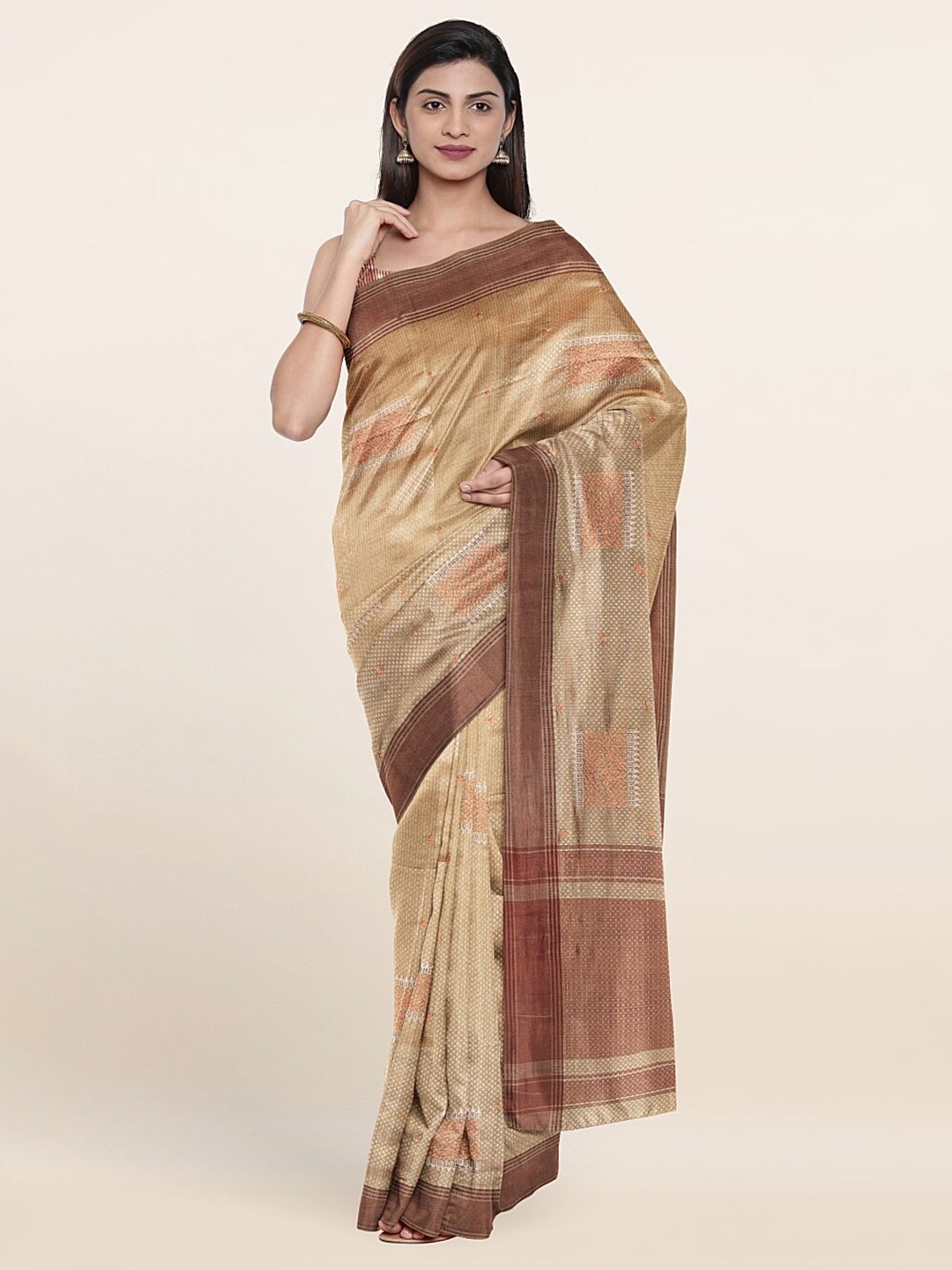 

Pothys Cream-Coloured & Copper-Toned Woven Design Art Silk Saree