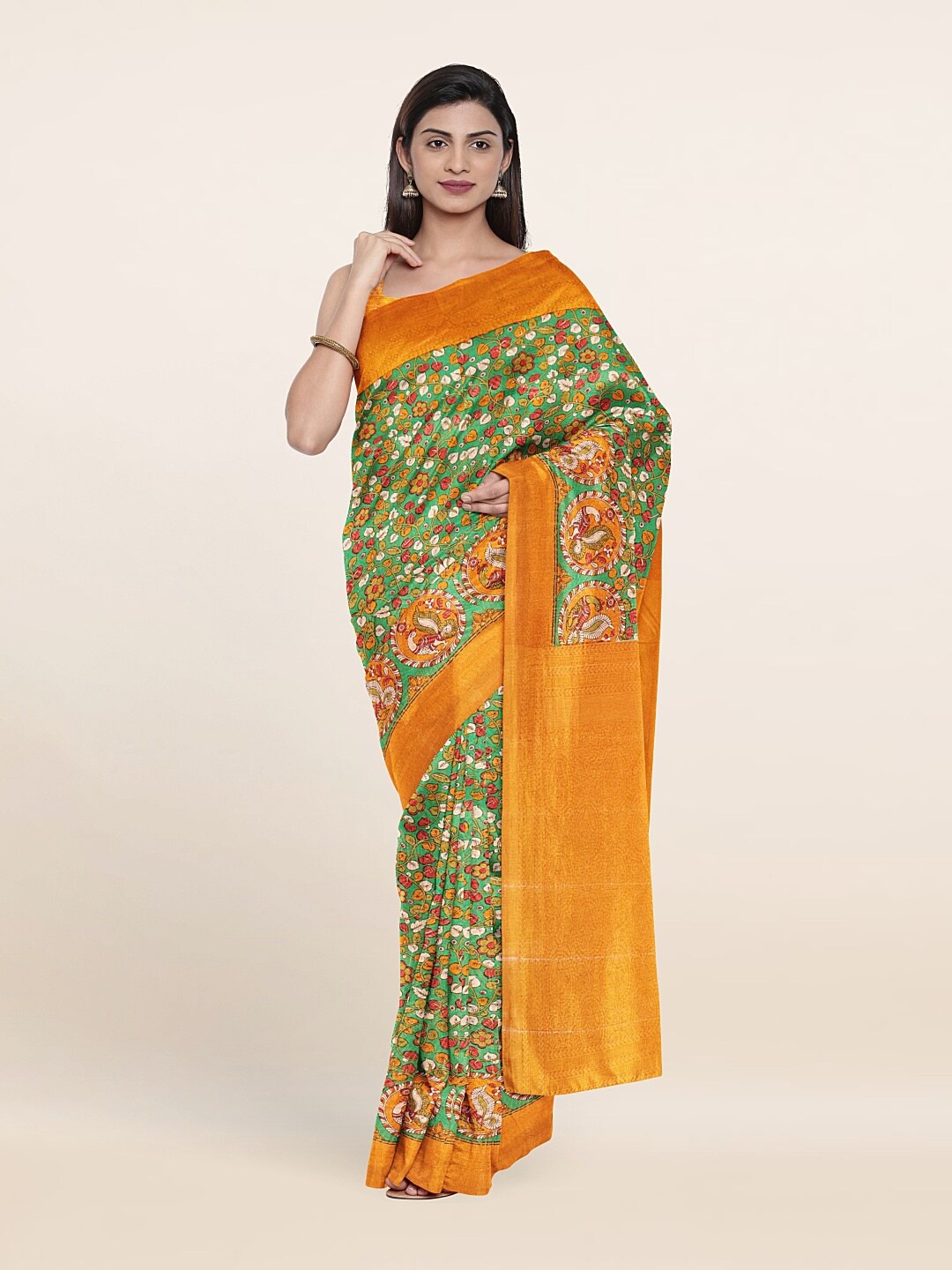 

Pothys Green & Gold-Toned Kalamkari Zari Art Silk Saree