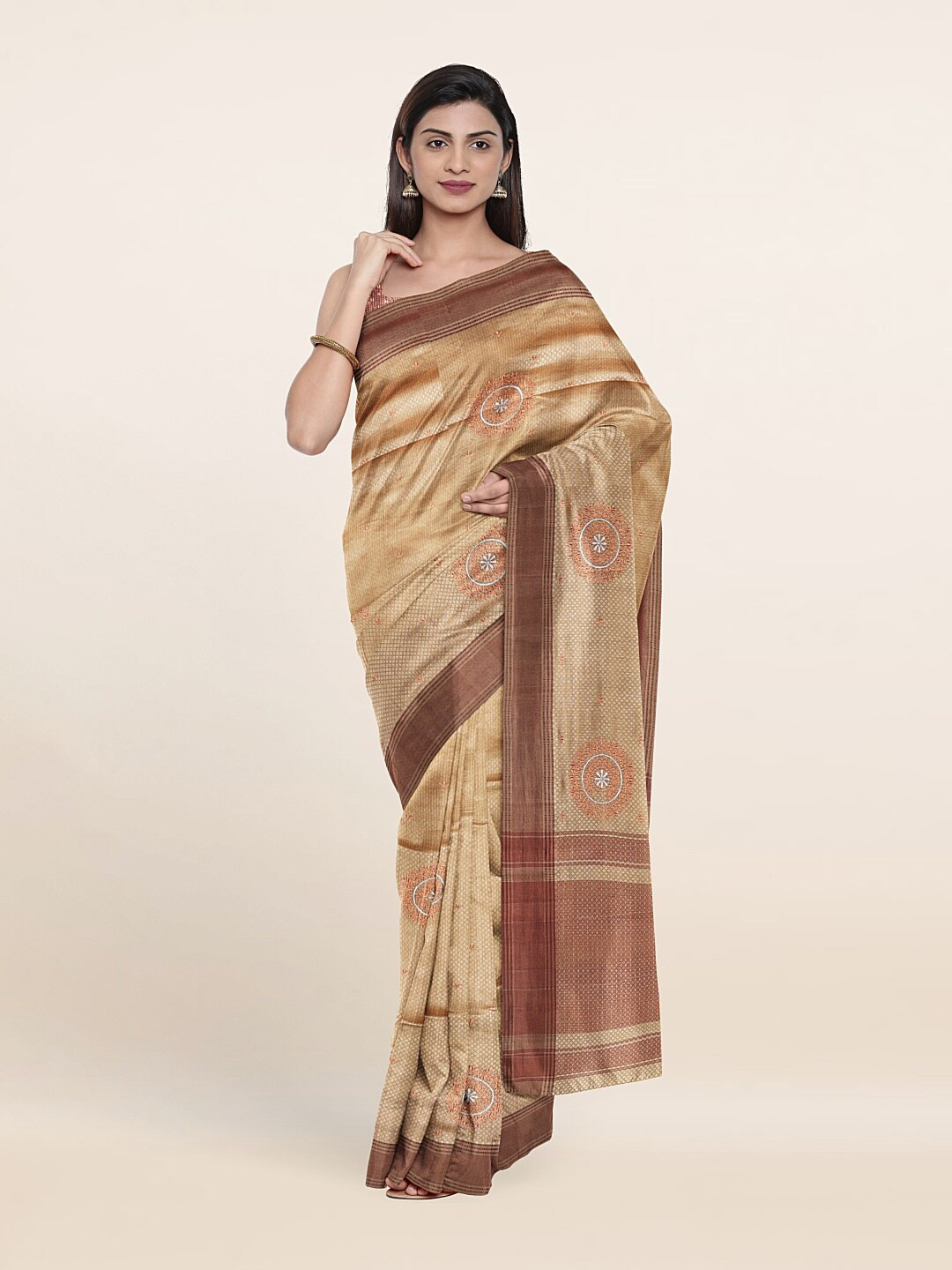 

Pothys Cream-Coloured & Copper-Toned Ethnic Motifs Embroidered Art Silk Saree