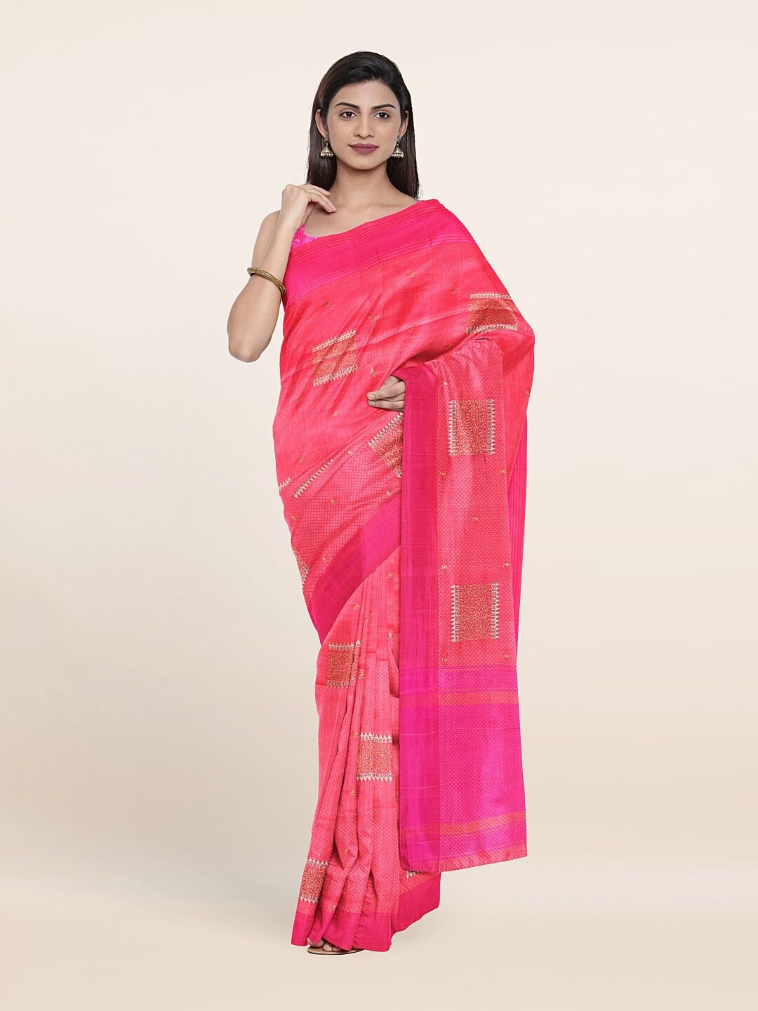 

Pothys Pink & Copper-Toned Woven Design Art Silk Saree
