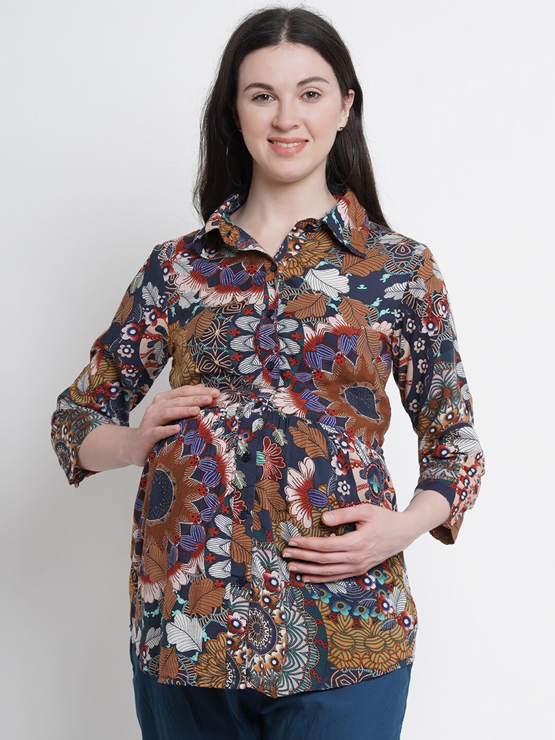 

Mine4Nine Yellow & Navy Blue Floral Print Shirt Style Maternity Top