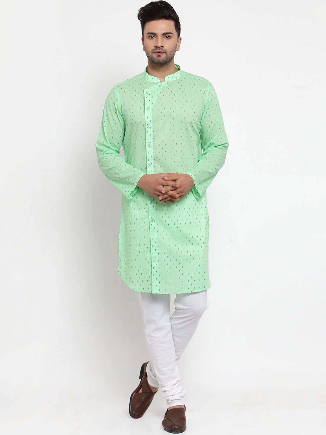 

NEUDIS Men Green Printed Angrakha Pure Cotton Kurta with Churidar