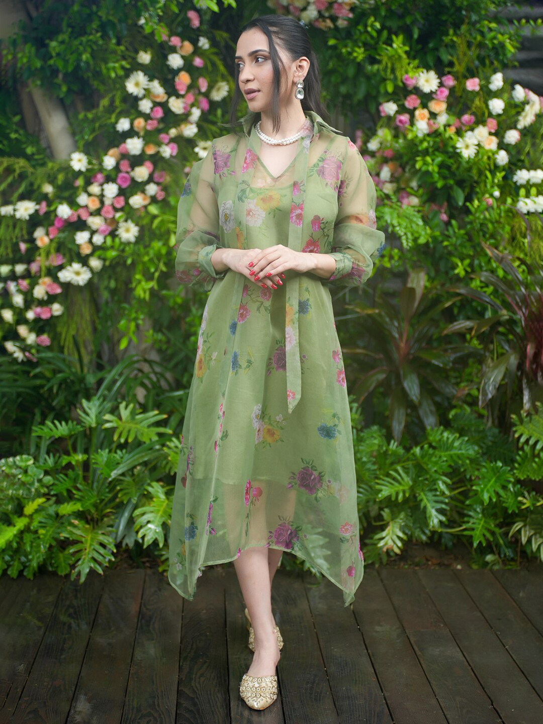 

Alaya By Stage3 Women Green Floral A-Line Polyester Dress
