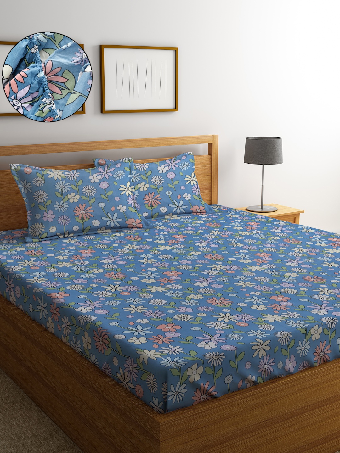 

SOKNACK Blue & Green Floral 300 TC King Bedsheet With 2 Pillow Covers