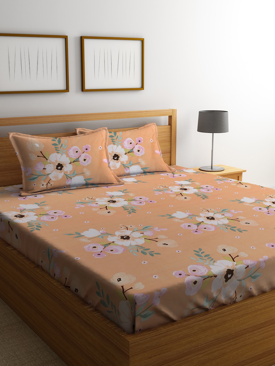 

SOKNACK Peach-Coloured & Pink Floral 300 TC King Bedsheet with 2 Pillow Covers
