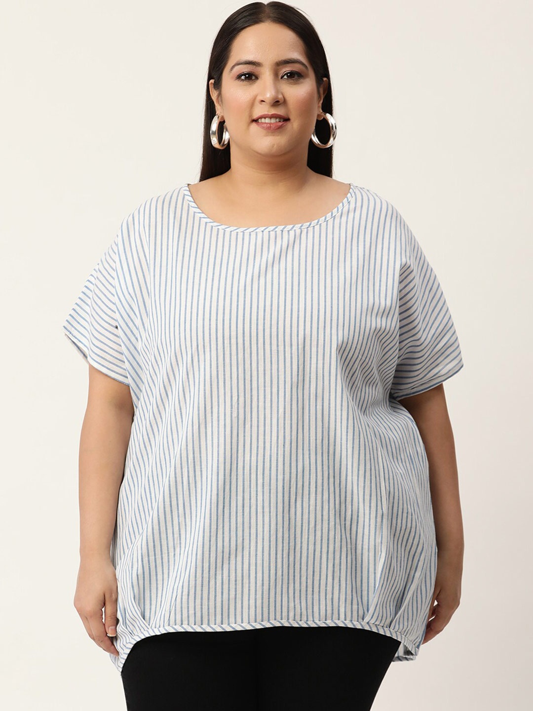 

theRebelinme Women Plus Size Blue Striped Extended Sleeves Top