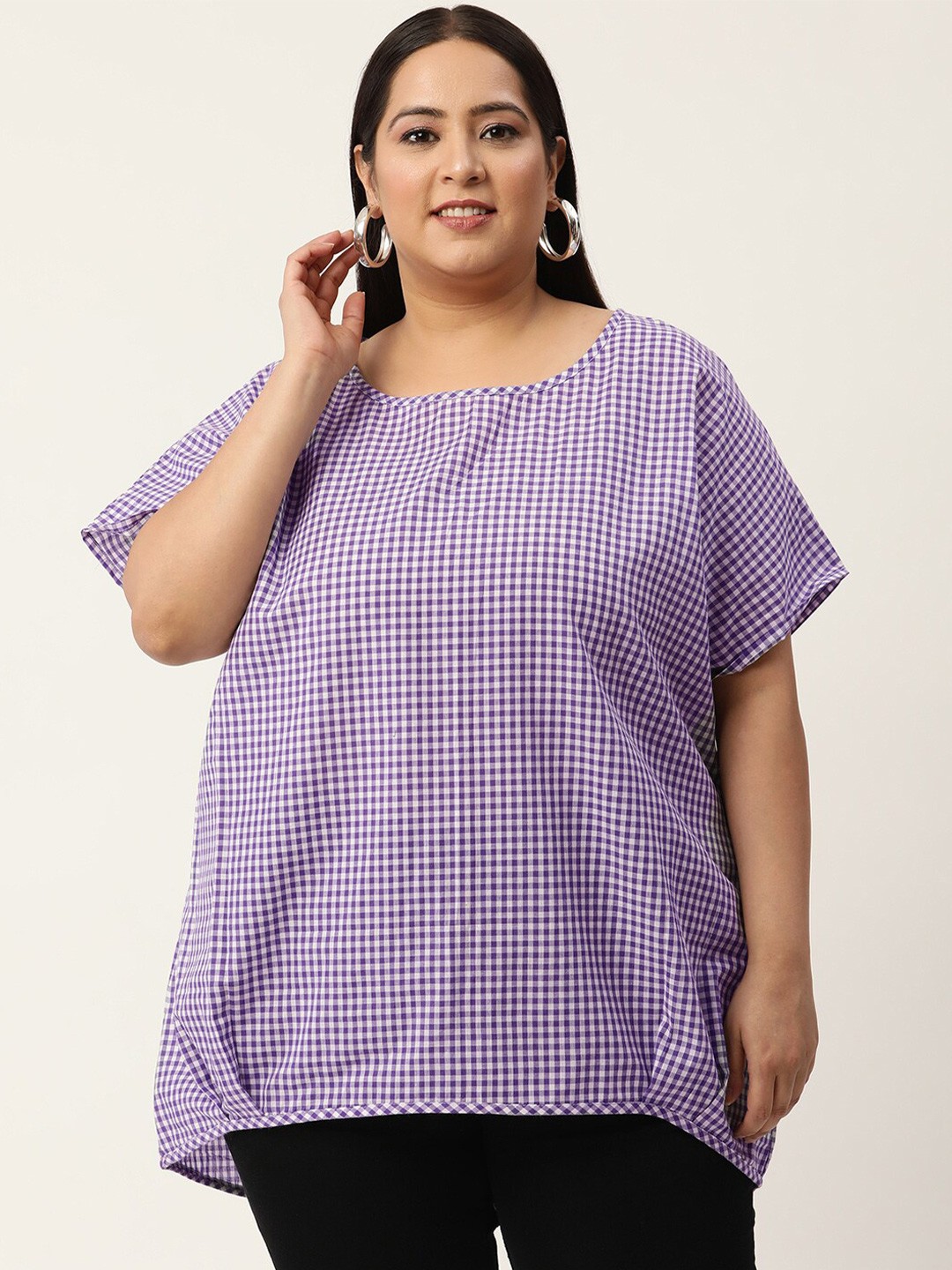

theRebelinme Plus Size Women Purple Checked Extended Sleeves Top
