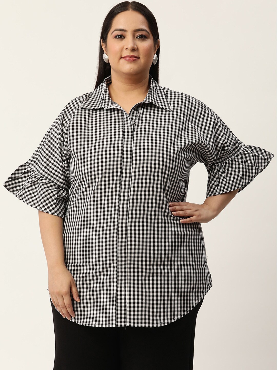 

theRebelinme Plus-Size Black & White Checked Pure Cotton Shirt Style Top