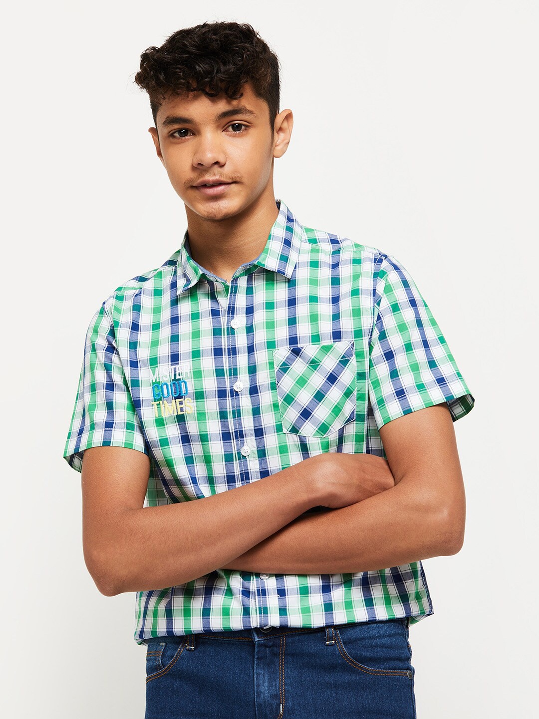 

max Boys Green & White Gingham Checks Checked Casual Shirt