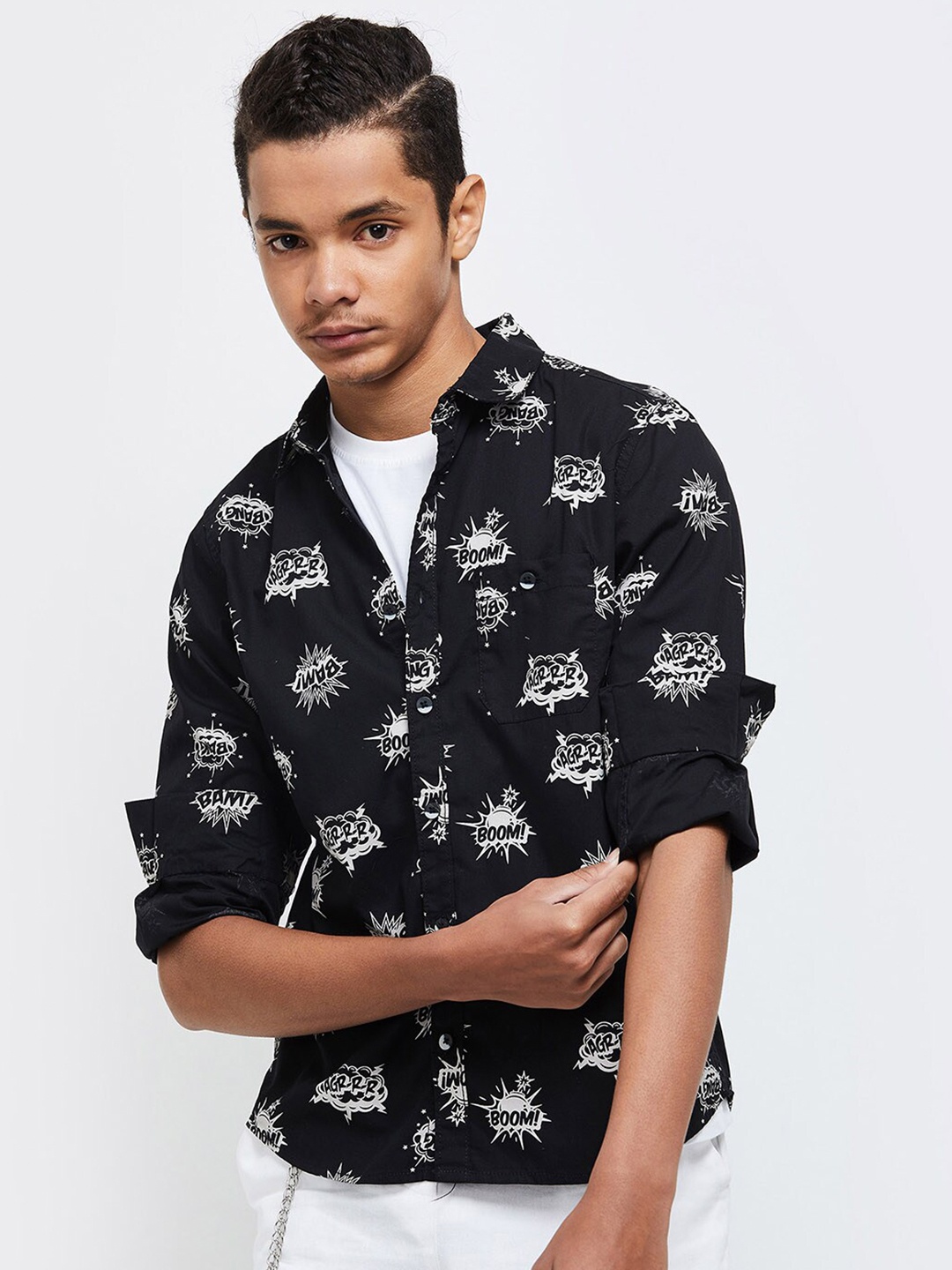 

max Boys Black Printed Long Roll-Up Sleeves Cotton Casual Shirt
