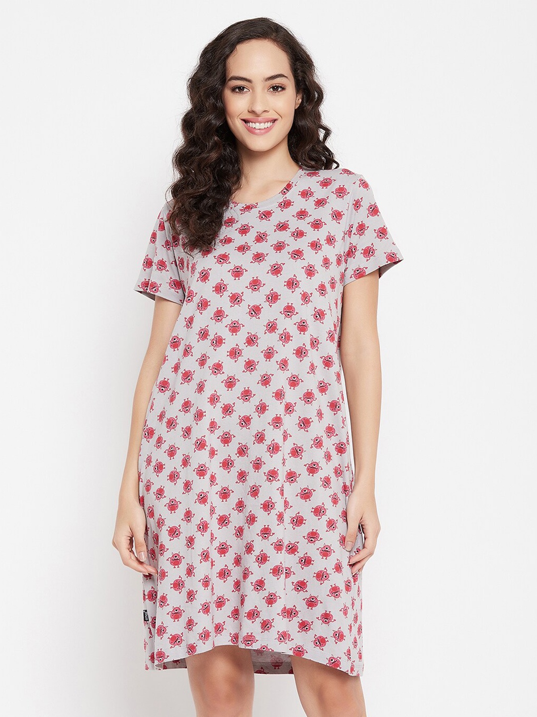 

Clovia Women Cotton Monster Emoji Print Short Nightdress, Grey