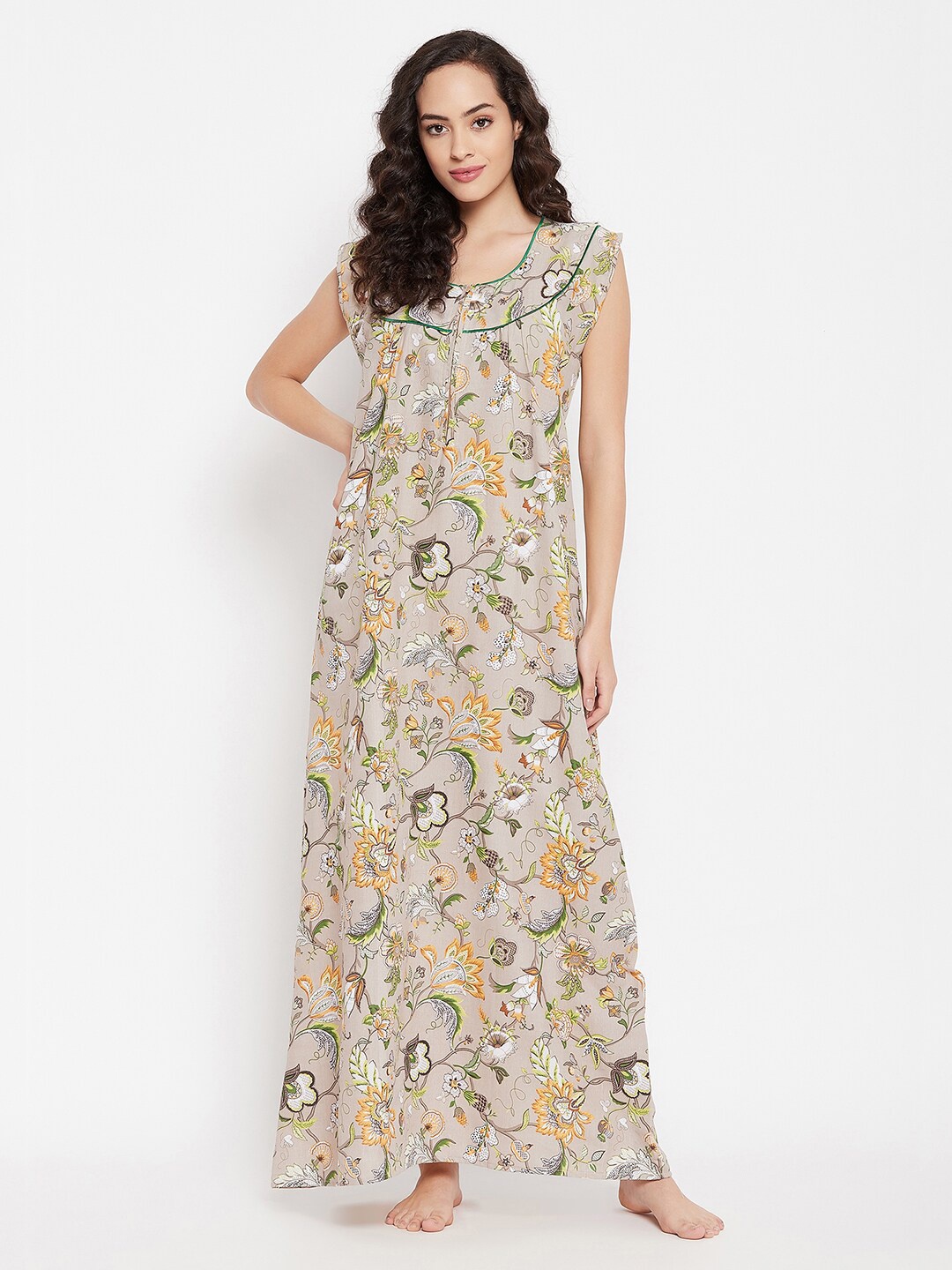 

Clovia Women Beige Printed Maxi Nightdress