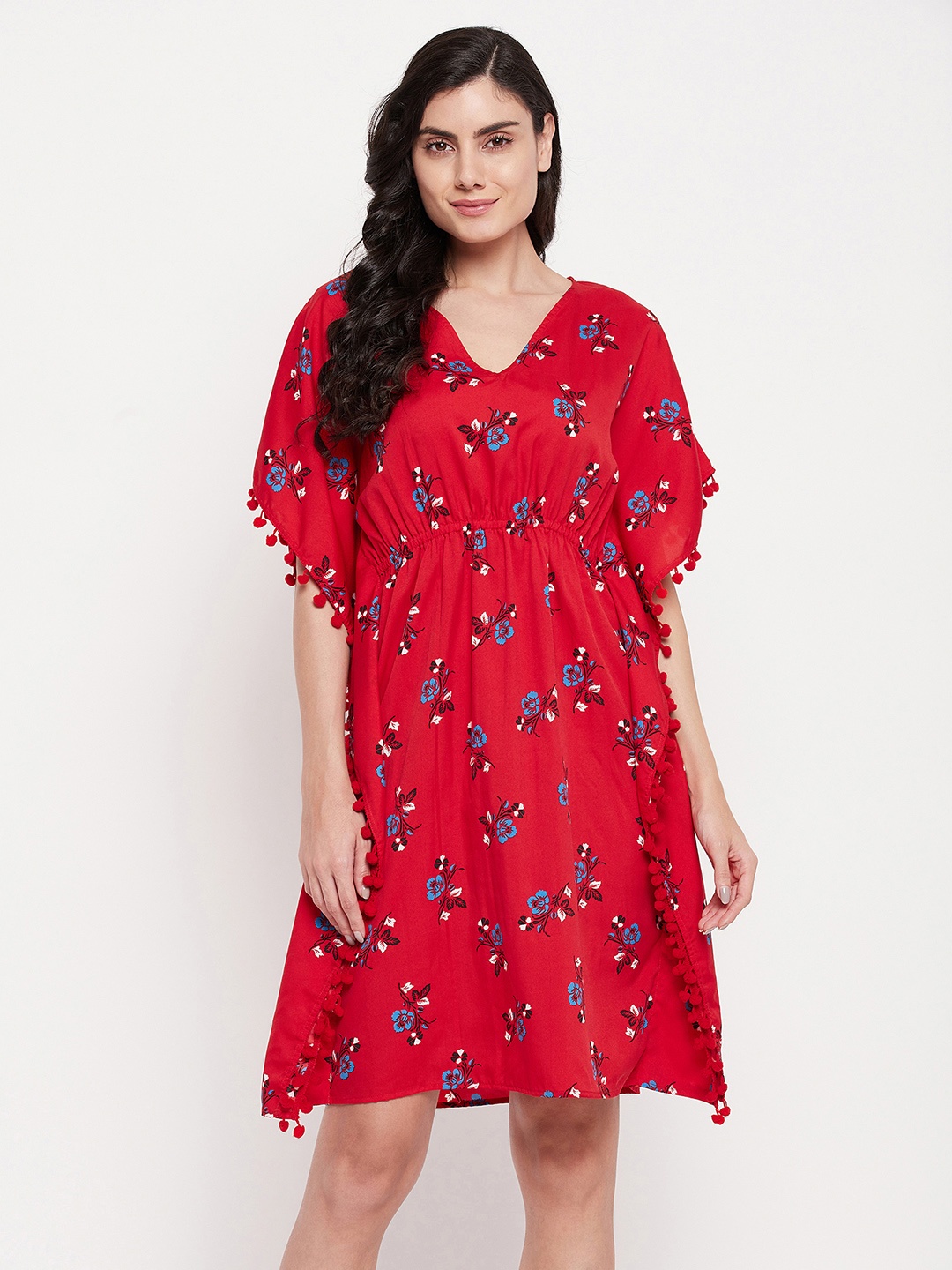

Clovia Crepe Florals Print Short Kaftan, Red