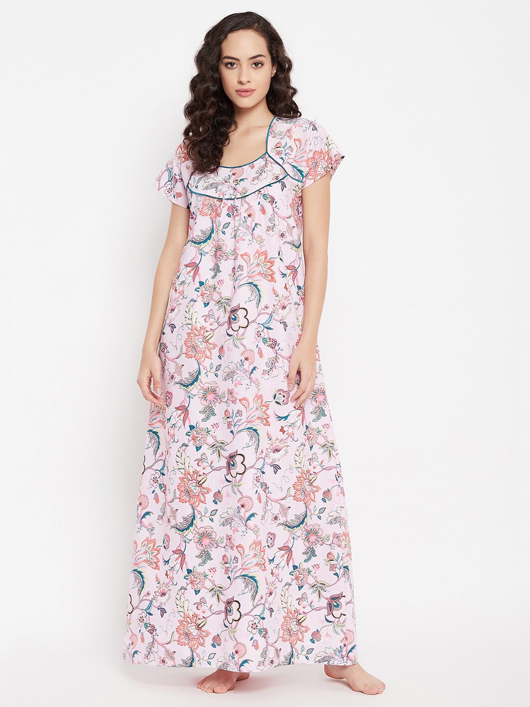 

Clovia Women Pink Floral Printed Cotton Maxi Nightdress