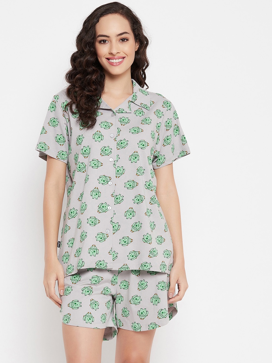 

Clovia Monster Emoji Printed Cotton Button Me Up Shirt & Shorts Set, Grey