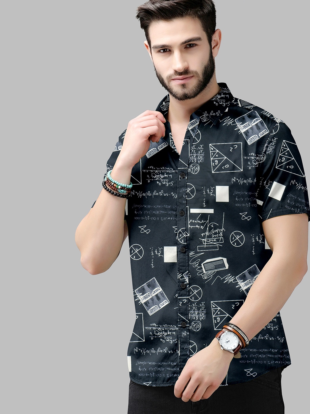 

Fashion FRICKS Men Black Classic Printed Casual Shirt