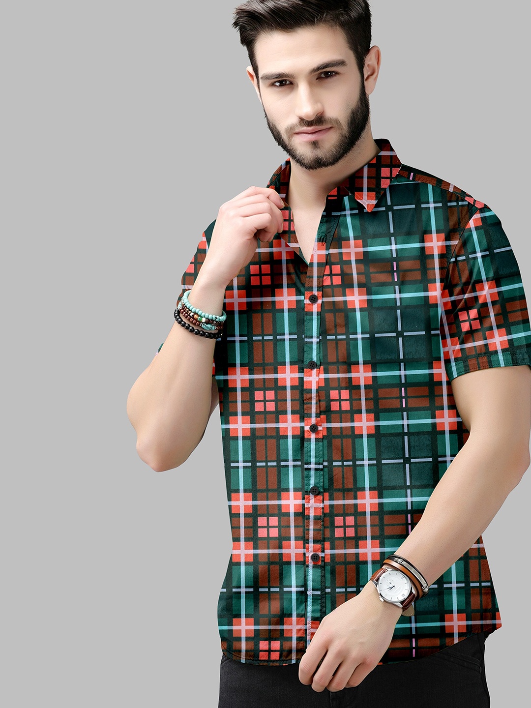 

Fashion FRICKS Men Green Classic Tartan Checks Casual Shirt