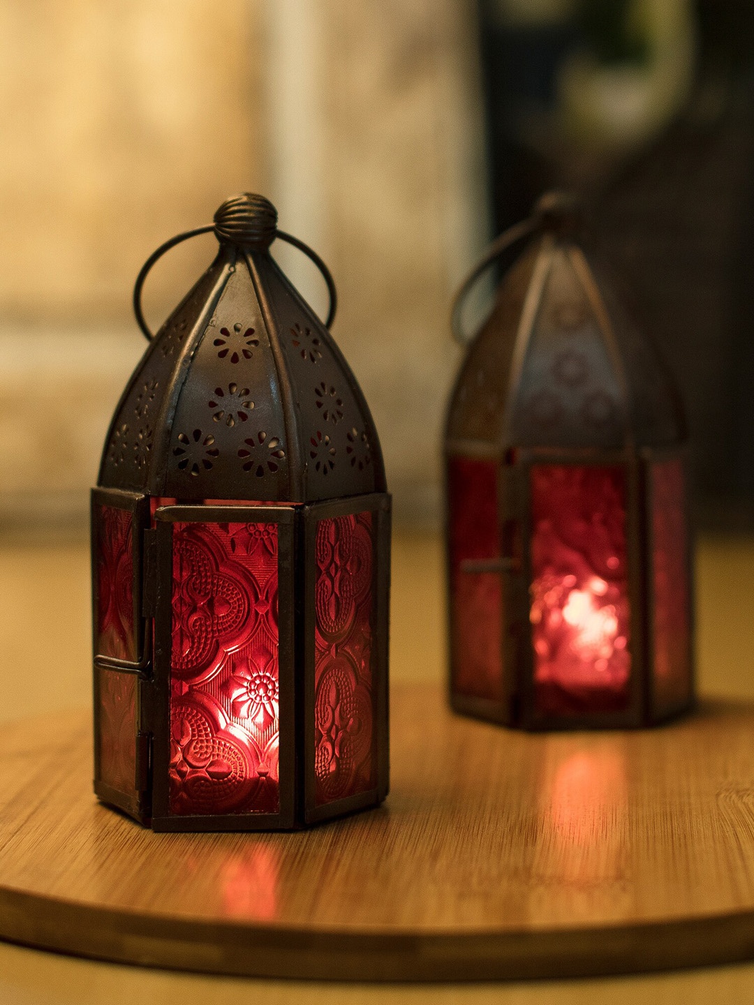 

Homesake Set of 2 Copper Antique Metal Finish Moroccan Lantern Candle Holder With Wall Hook