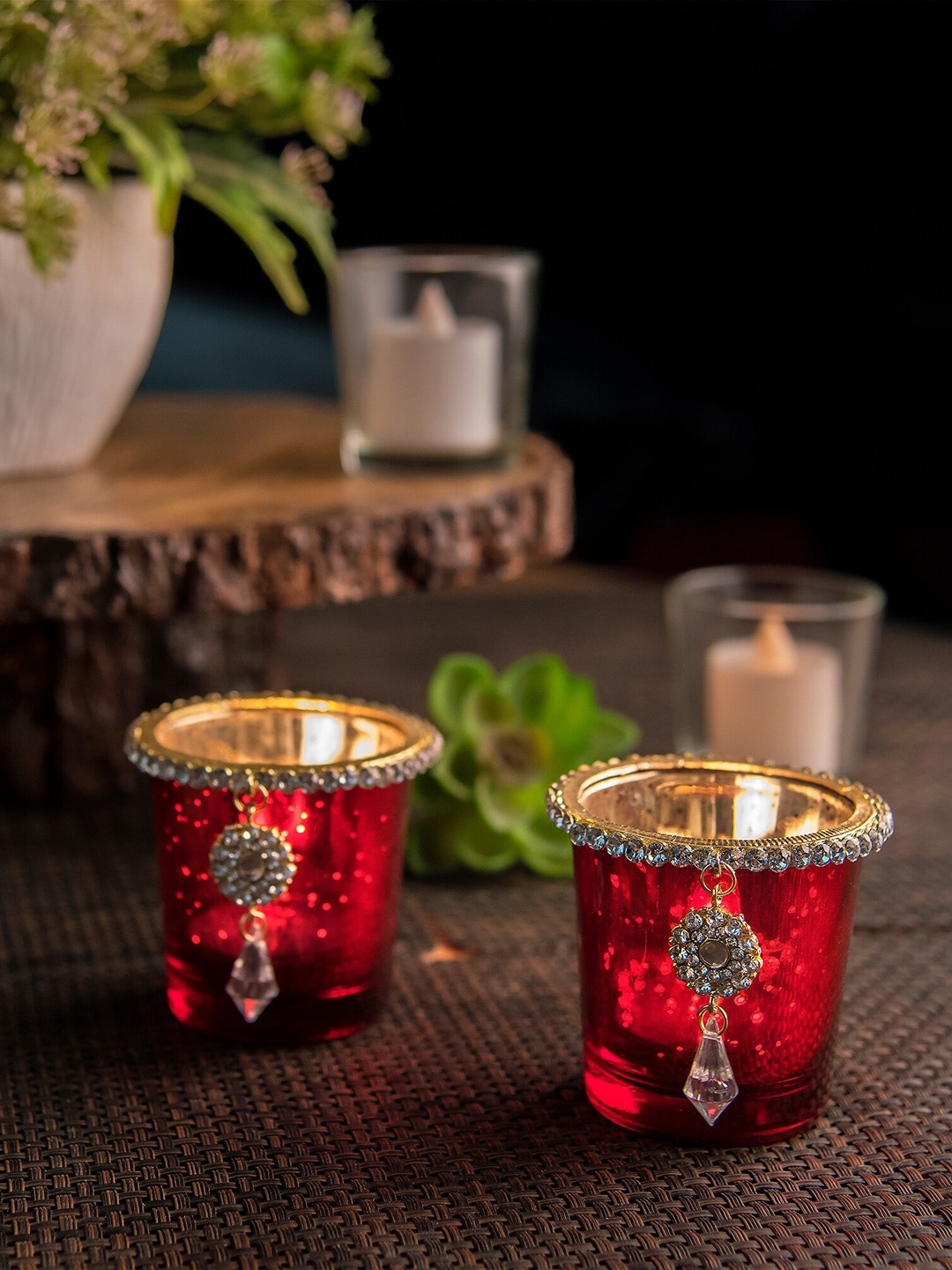 

Homesake Set of 2 Red & Gold-Toned Embellished Candle Holders