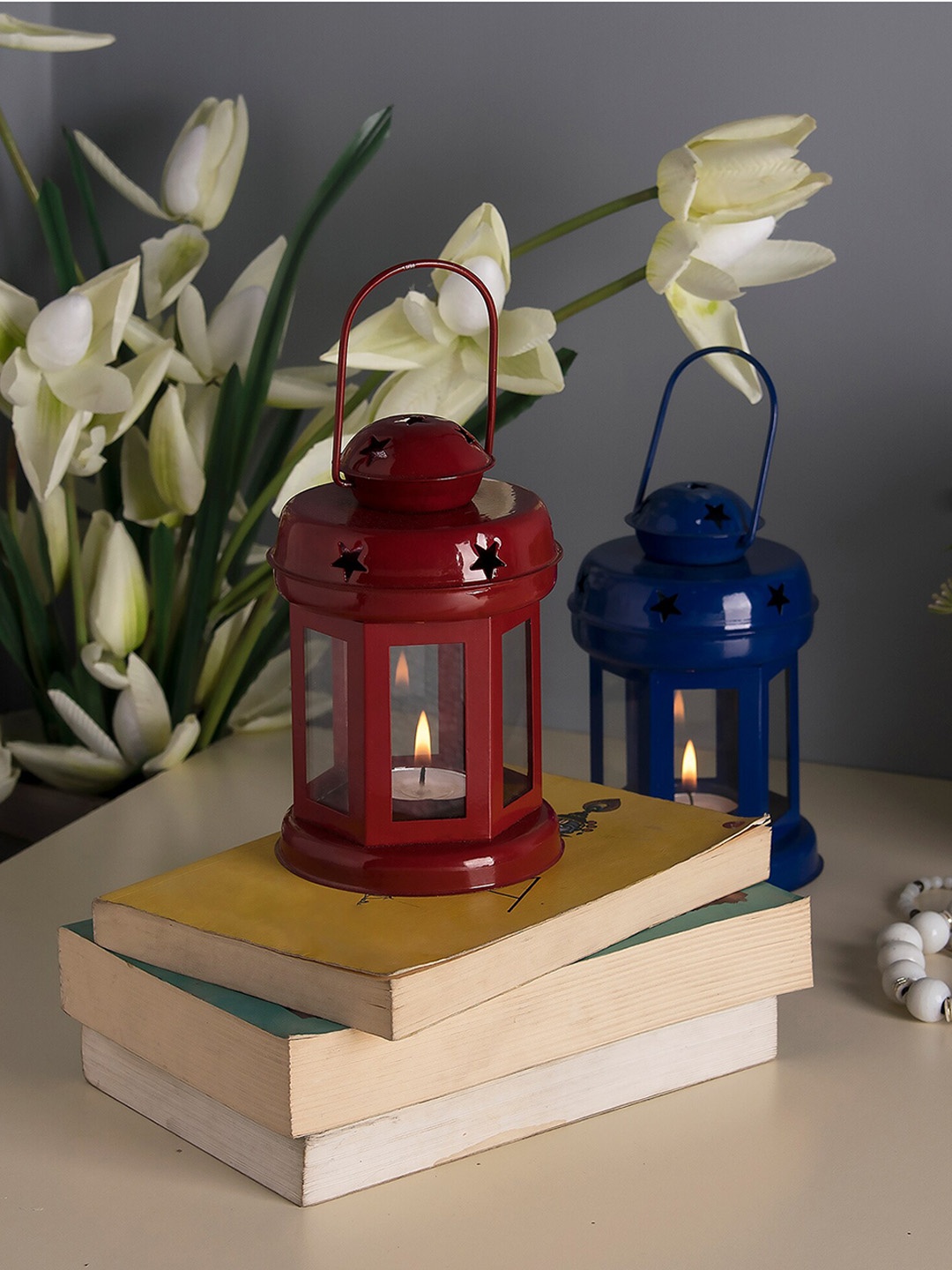 

Homesake Adults Set Of 2 Red & Blue Solid Star Tealight Metal Candle Holders