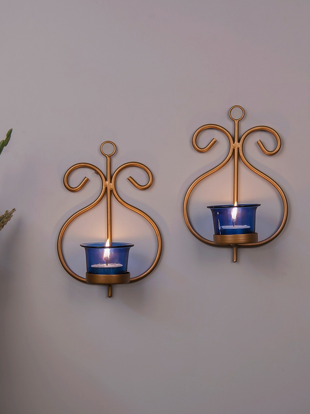 

Homesake Set of 2 Gold -Toned & Blue Solid Metal T-Light Candle Holders