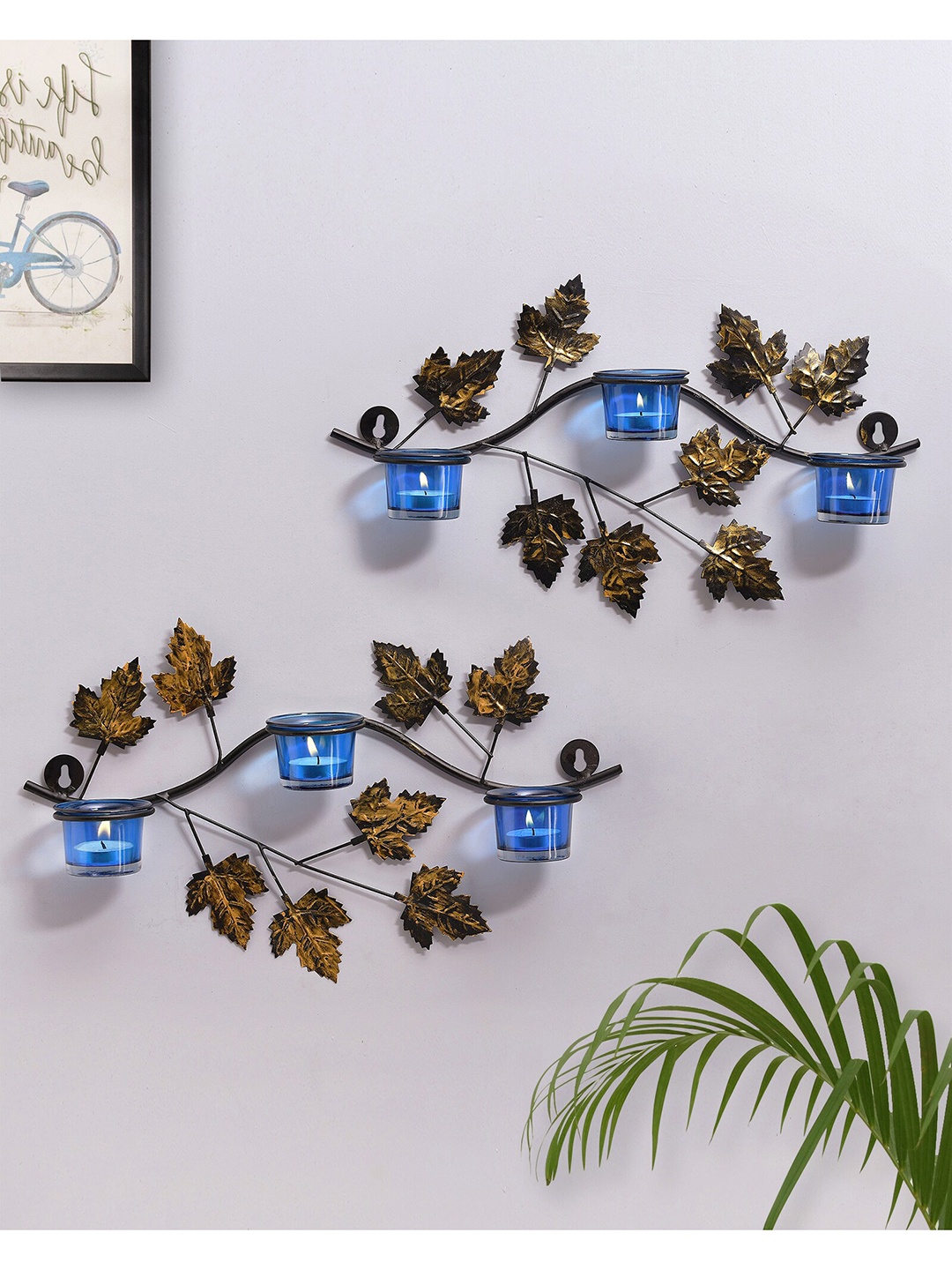 

Homesake Pack Of 2 Blue & Gold-Toned Maple Branch Shaped Candle Holder