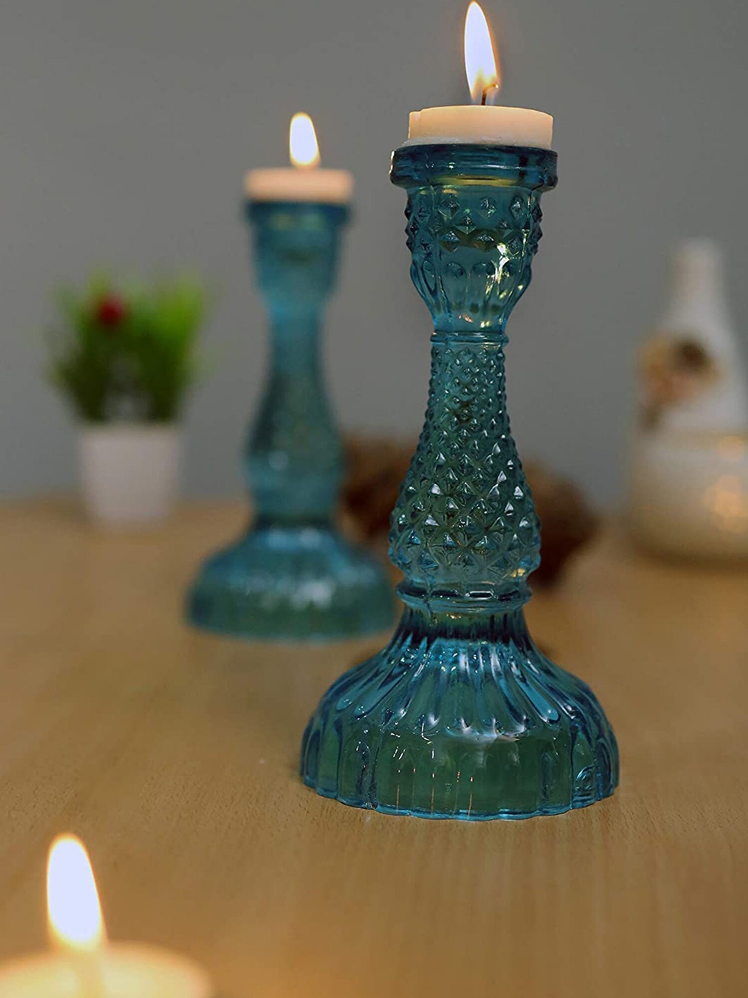 

Homesake Set Of 2 Turquoise Blue Solid Carved Candle Holders