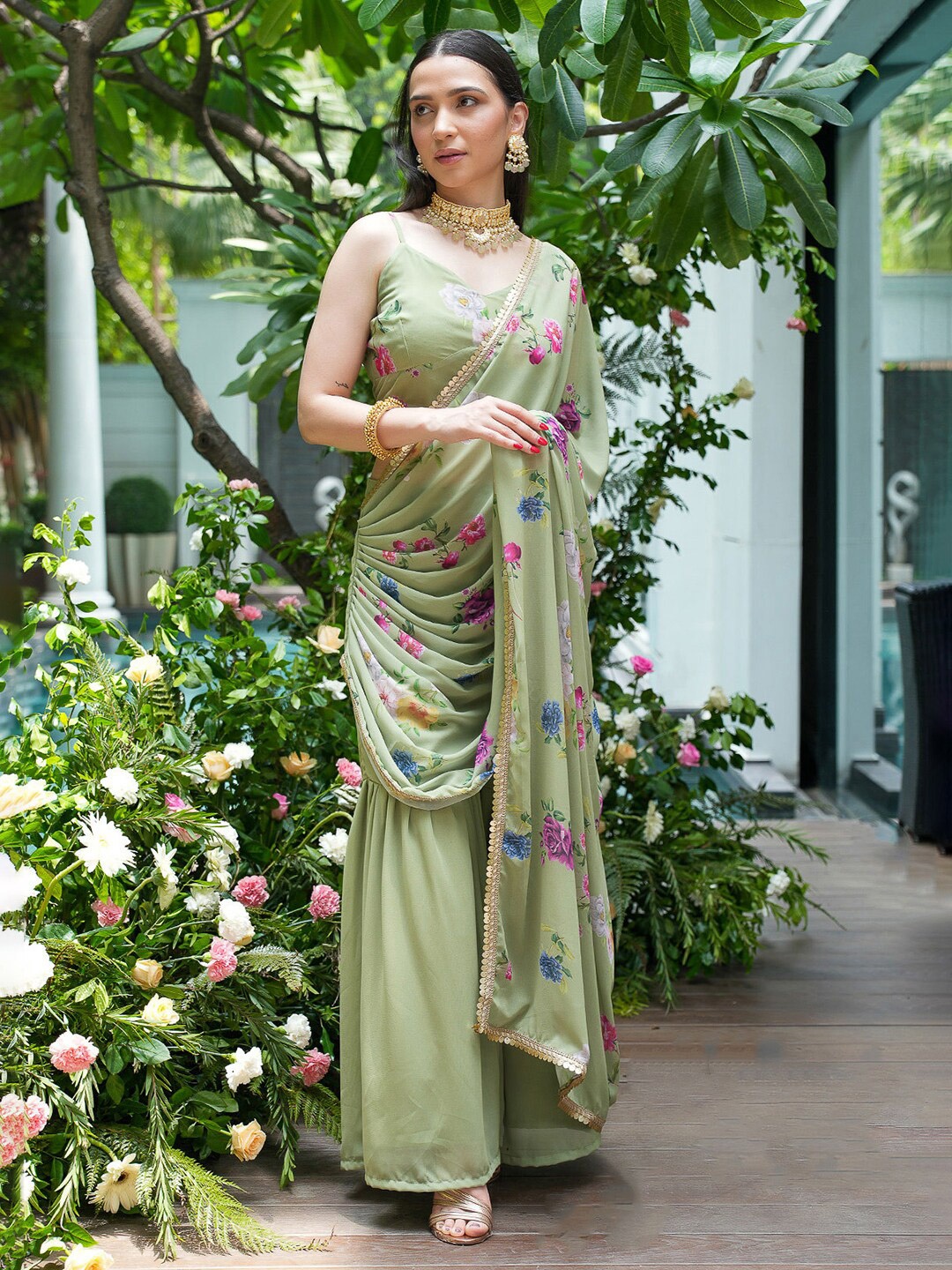 

Alaya By Stage3 Women Green & Pink Floral Pure Georgette Gharara Saree Set