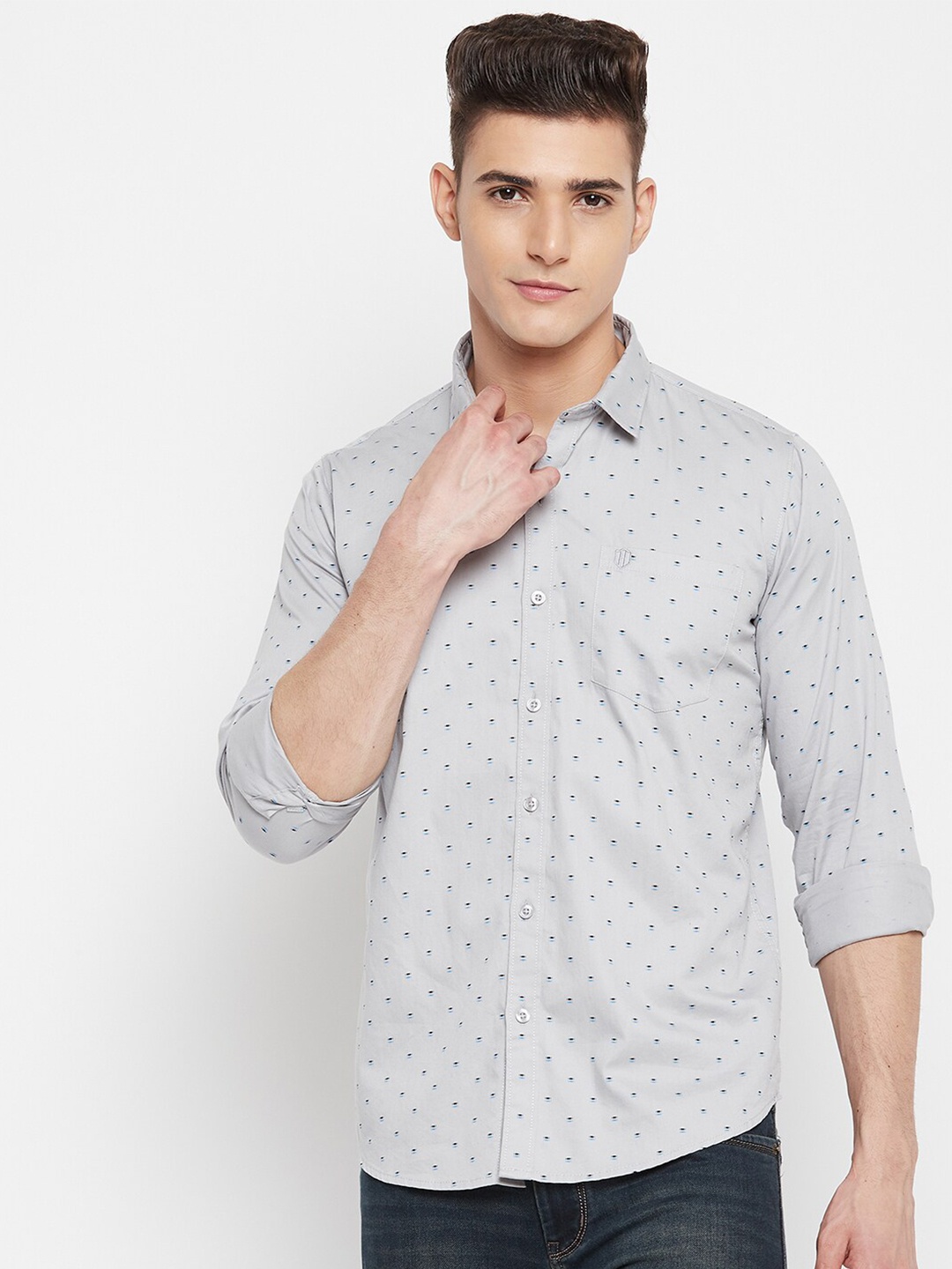 

Duke Men Grey Slim Fit Printed Casual Cotton Shirt