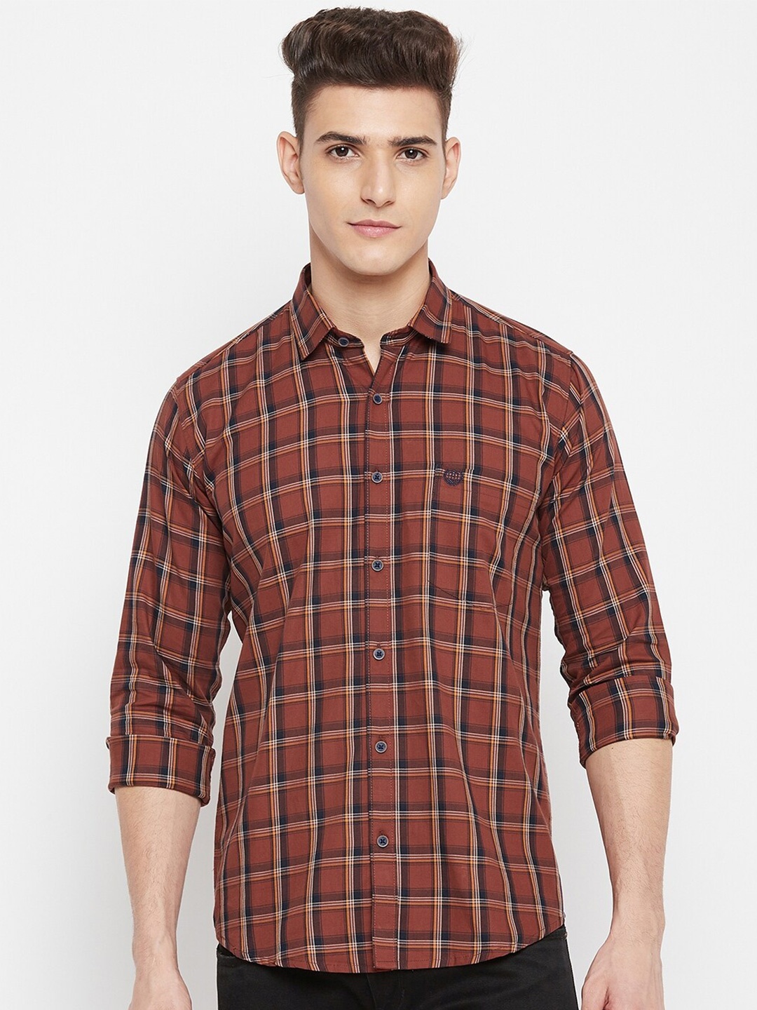 

Duke Men Rust Slim Fit Tartan Checks Cotton Casual Shirt