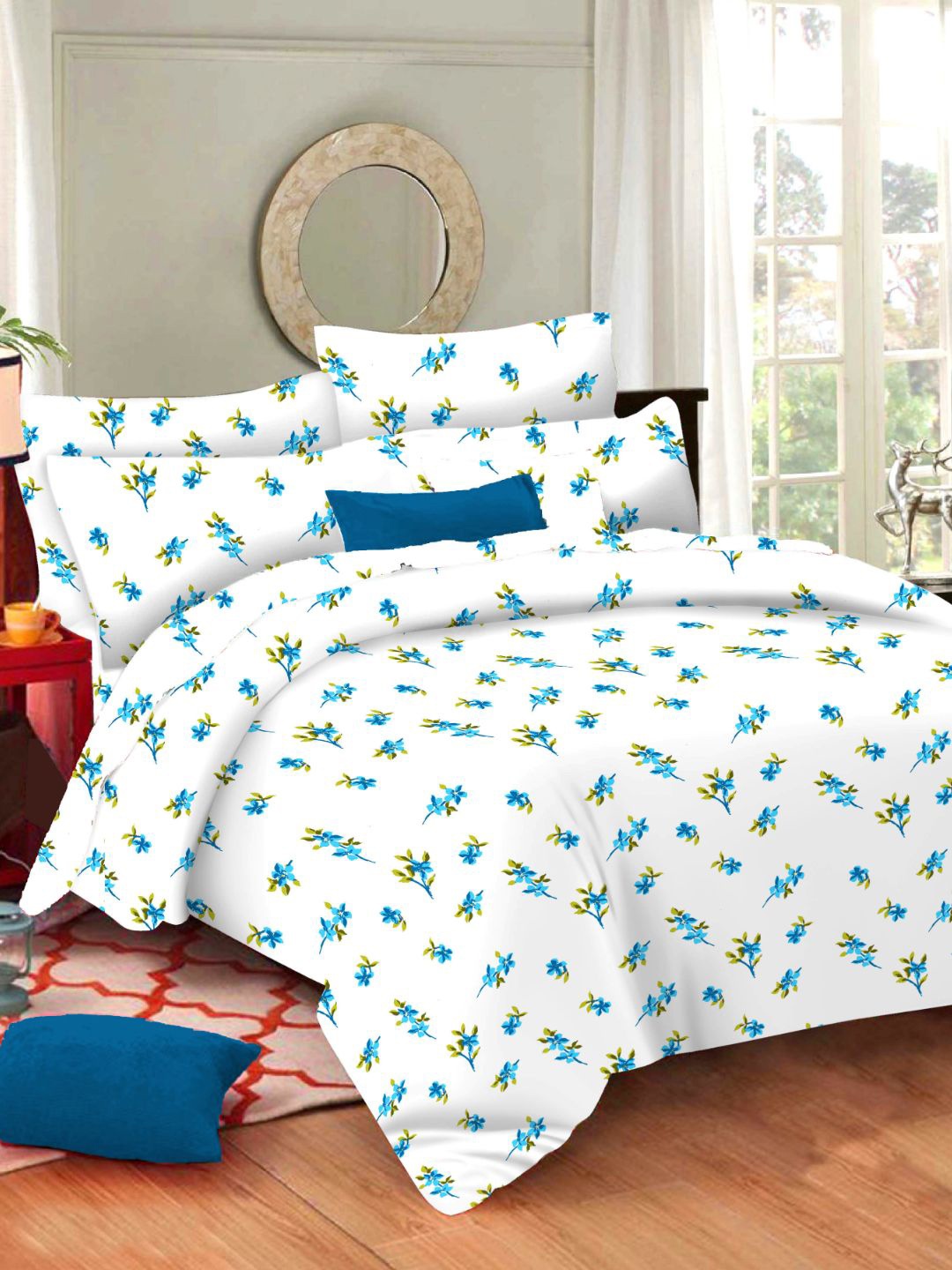 

Sleeping Owls- because your sleep matters Blue & Off White Floral 144 TC Queen Bedsheet with 2 Pillow Covers