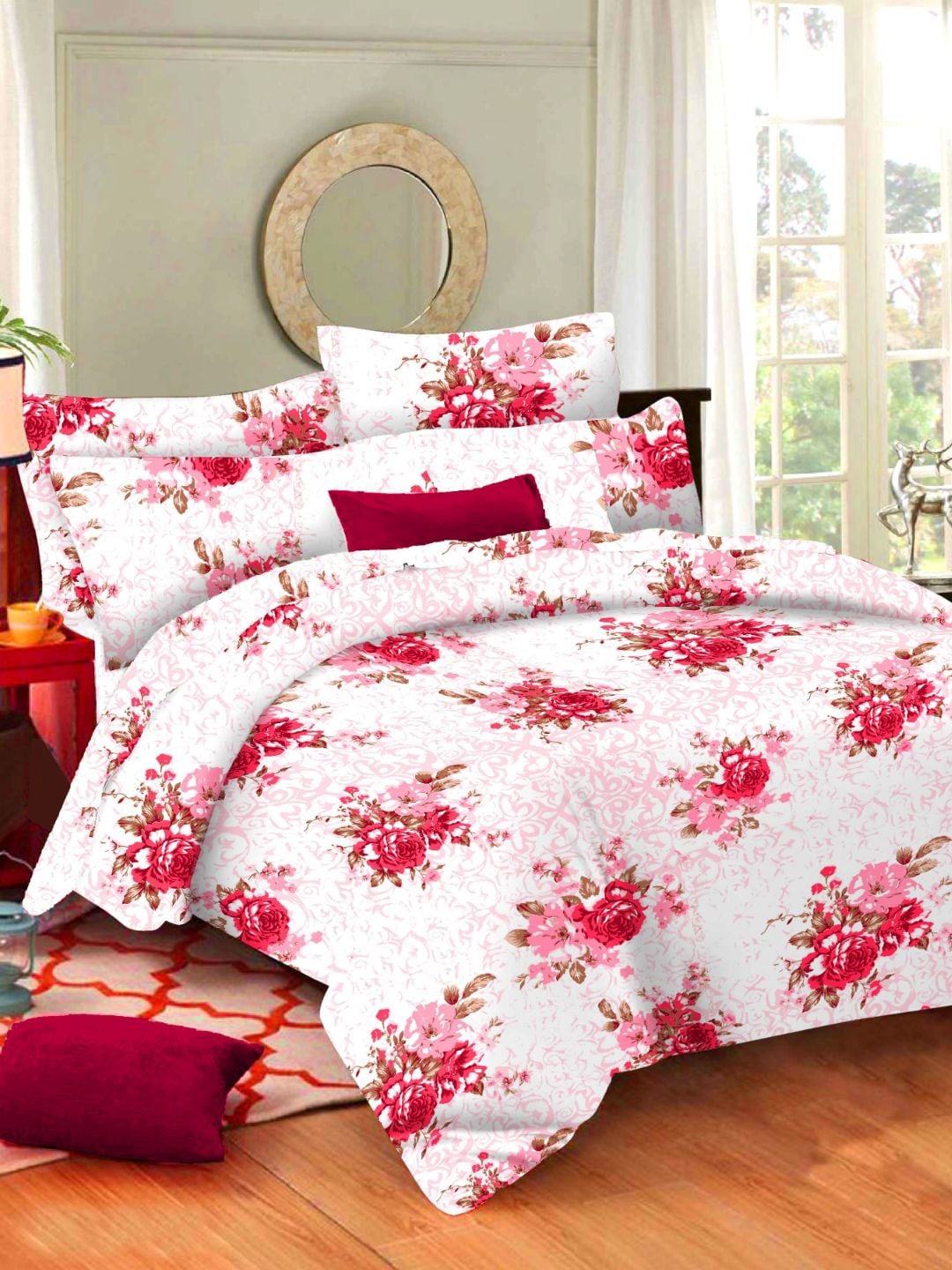 

Sleeping Owls- because your sleep matters Pink & Off White Floral 144 TC Queen Bedsheet with 2 Pillow Covers