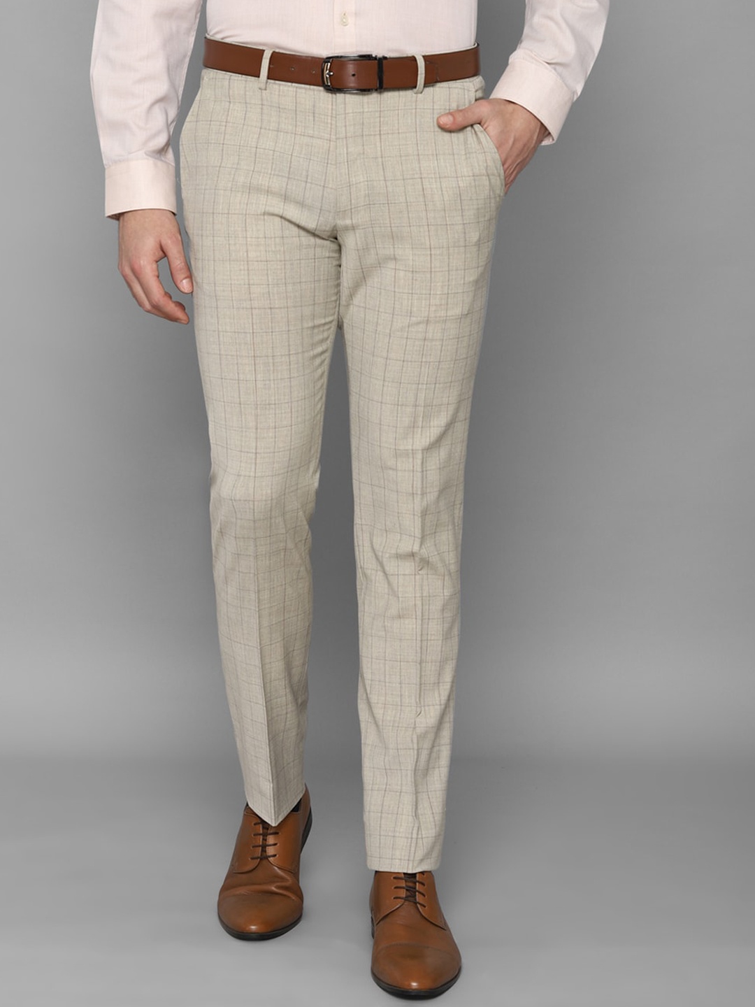 

Louis Philippe Men Beige Checked Slim Fit Formal Trousers