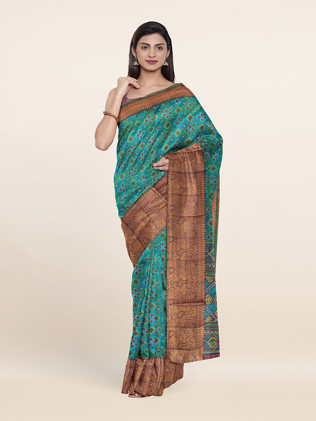 

Pothys Blue & Copper-Toned Ethnic Motifs Art Silk Saree
