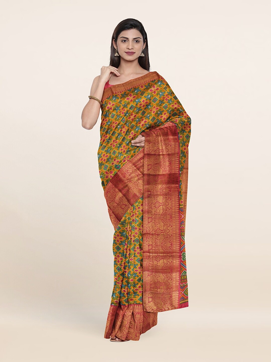 

Pothys Mustard & Green Ethnic Motifs Zari Art Silk Saree