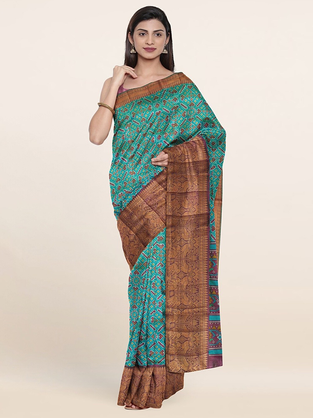 

Pothys Green & Gold-Toned Ethnic Motifs Zari Art Silk Saree