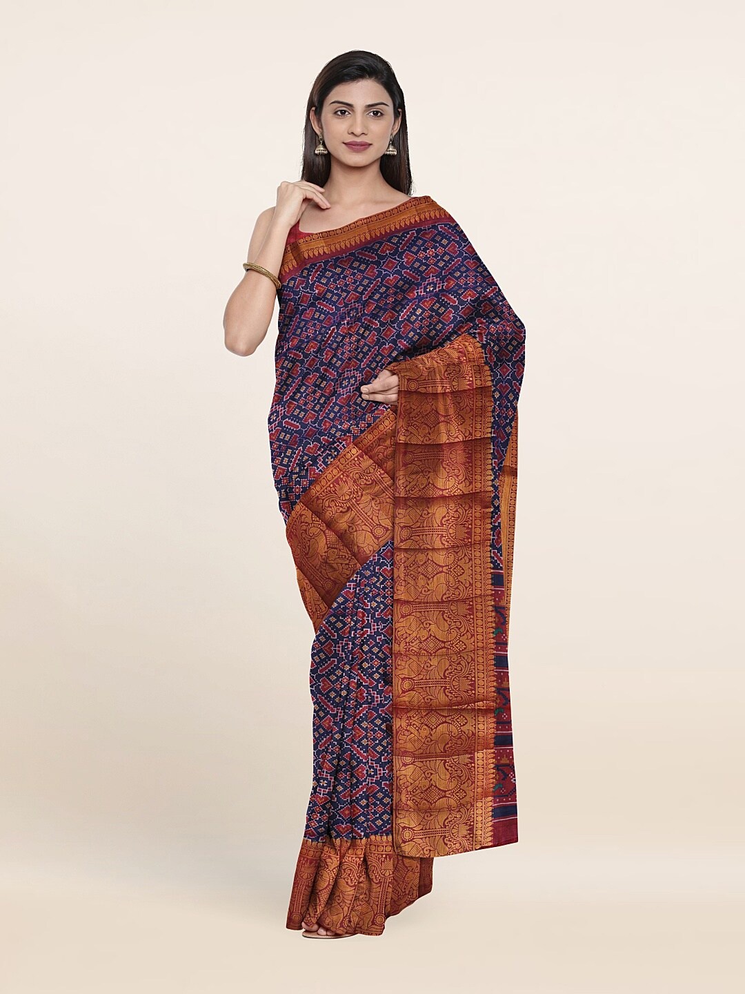 

Pothys Navy Blue & Gold-Toned Ethnic Motifs Zari Art Silk Saree