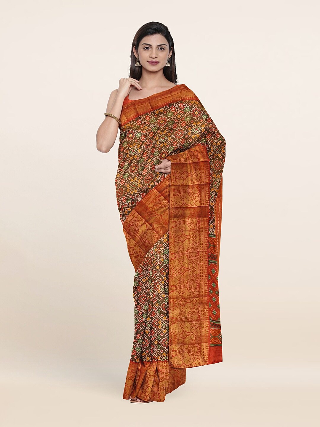

Pothys Brown & Green Ethnic Motifs Art Silk Saree