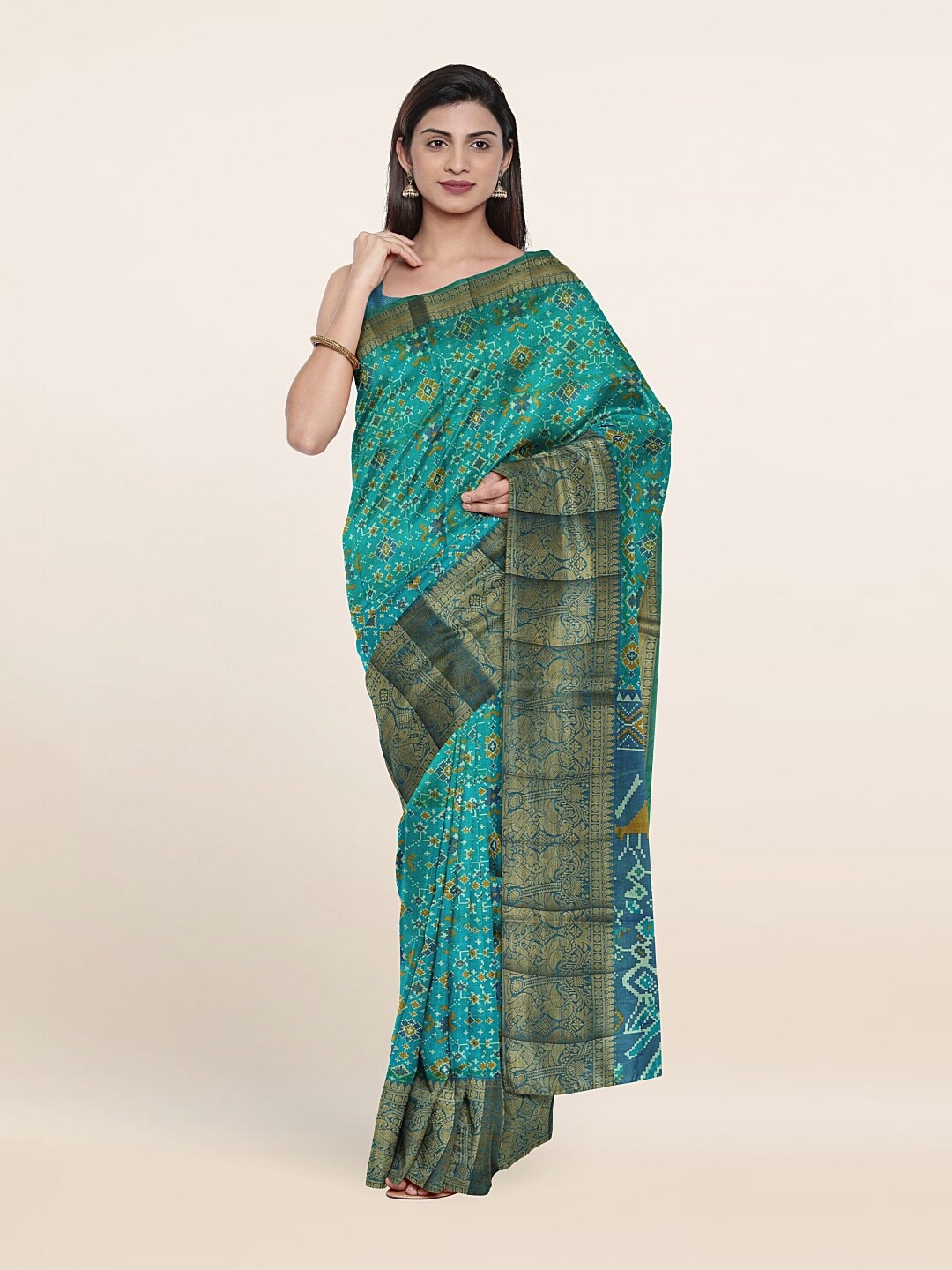 

Pothys Blue & Gold-Toned Ethnic Motifs Zari Art Silk Saree