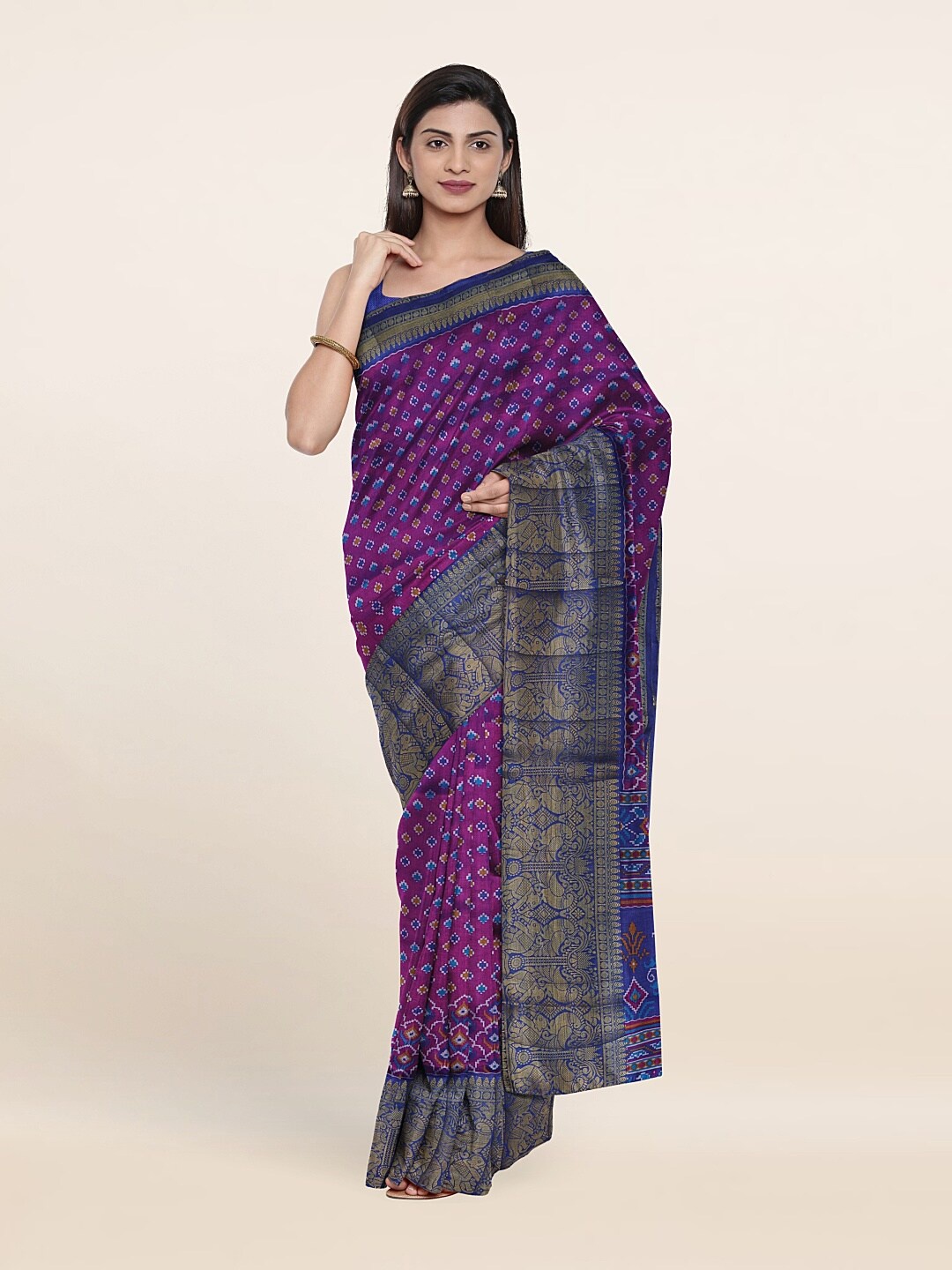 

Pothys Violet & Gold-Toned Ethnic Motifs Pothys Art Dupion Zari Art Silk Saree