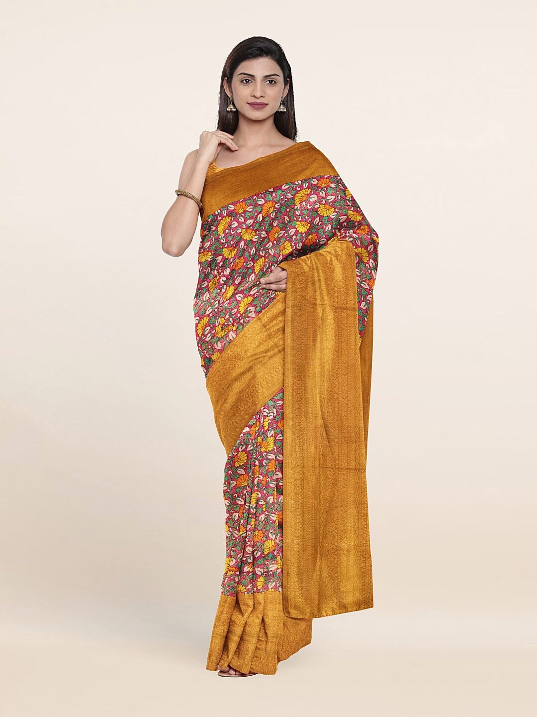 

Pothys Pink & Yellow Floral Zari Art Banaras Silk Saree With Unstitched Blouse Piece
