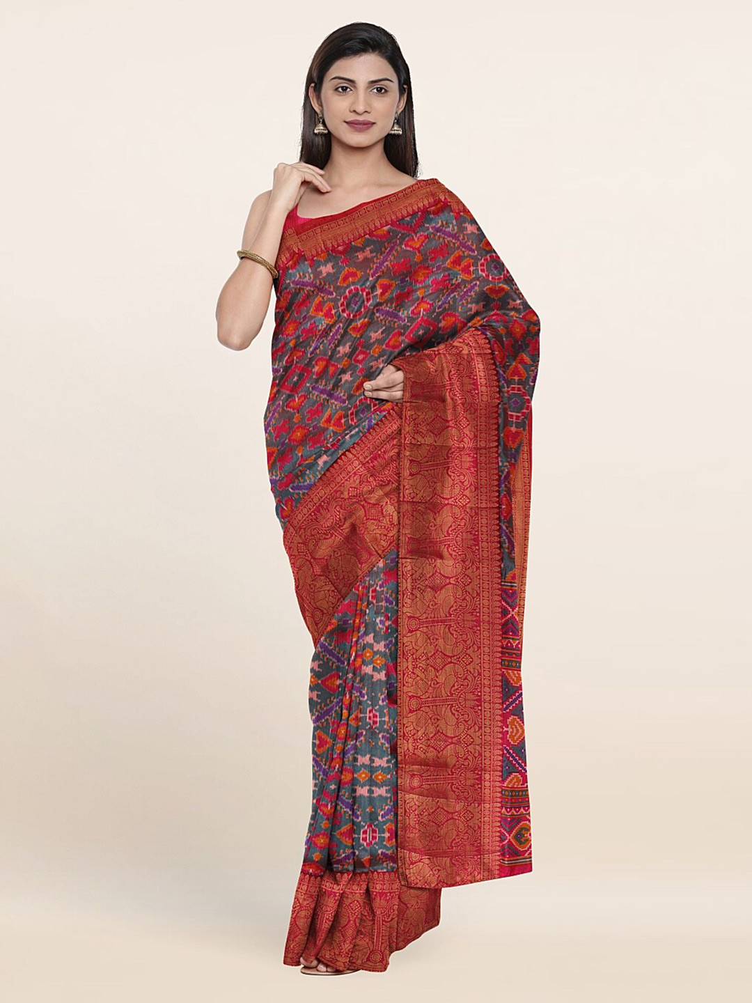 

Pothys Grey & Red Floral Zari Art Silk Saree